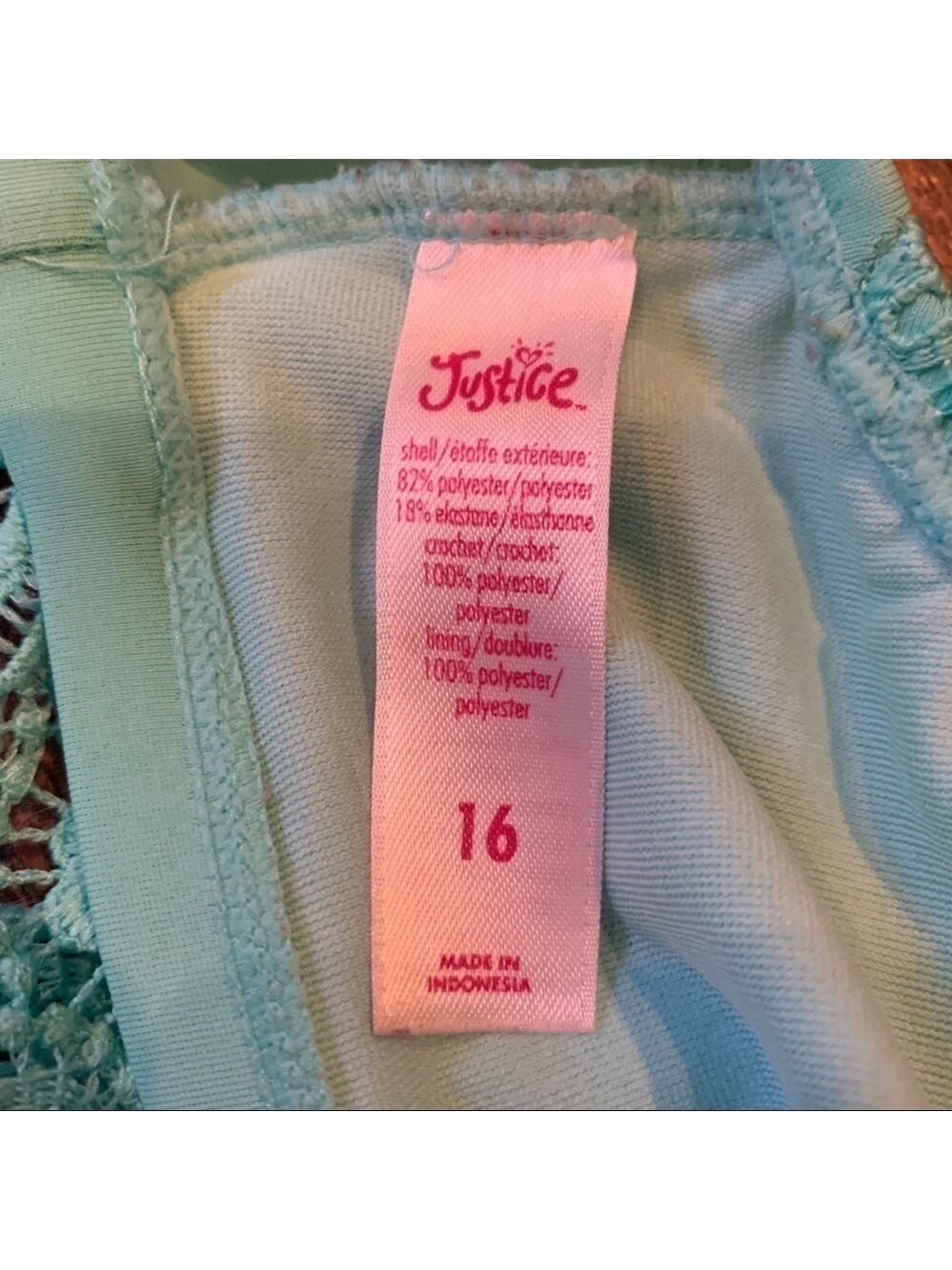 JUSTICE Teal Crochet Bikini Top size 16 - Picture 4 of 5